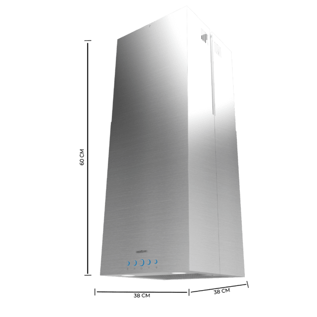 Bolero Flux ICT 388000 Inox A++ Campana isla cuadrada de 38cm de ancho, acabado inox, succión 800m3/h, Motor 210W, Clase A++, control electrónico, 3 niveles de potencia, luz, filtro de carbono y Delay Function.