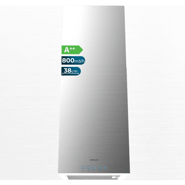 Bolero Flux ICT 388000 Inox A++ Campana isla cuadrada de 38cm de ancho, acabado inox, succión 800m3/h, Motor 210W, Clase A++, control electrónico, 3 niveles de potencia, luz, filtro de carbono y Delay Function.