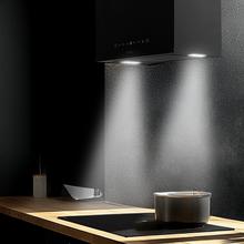 Bolero Flux CCT 448000 Black A++ Hotte carrée suspendue Bolero Flux CCT 448000 Black A++, 44 cm de large, finition noire, aspiration de 800 m3/h, moteur 210 W, classe A++, commande tactile, 3 niveaux de puissance, Booster, lumière, filtre à charbon, Hand Movement Control et Delay Function.