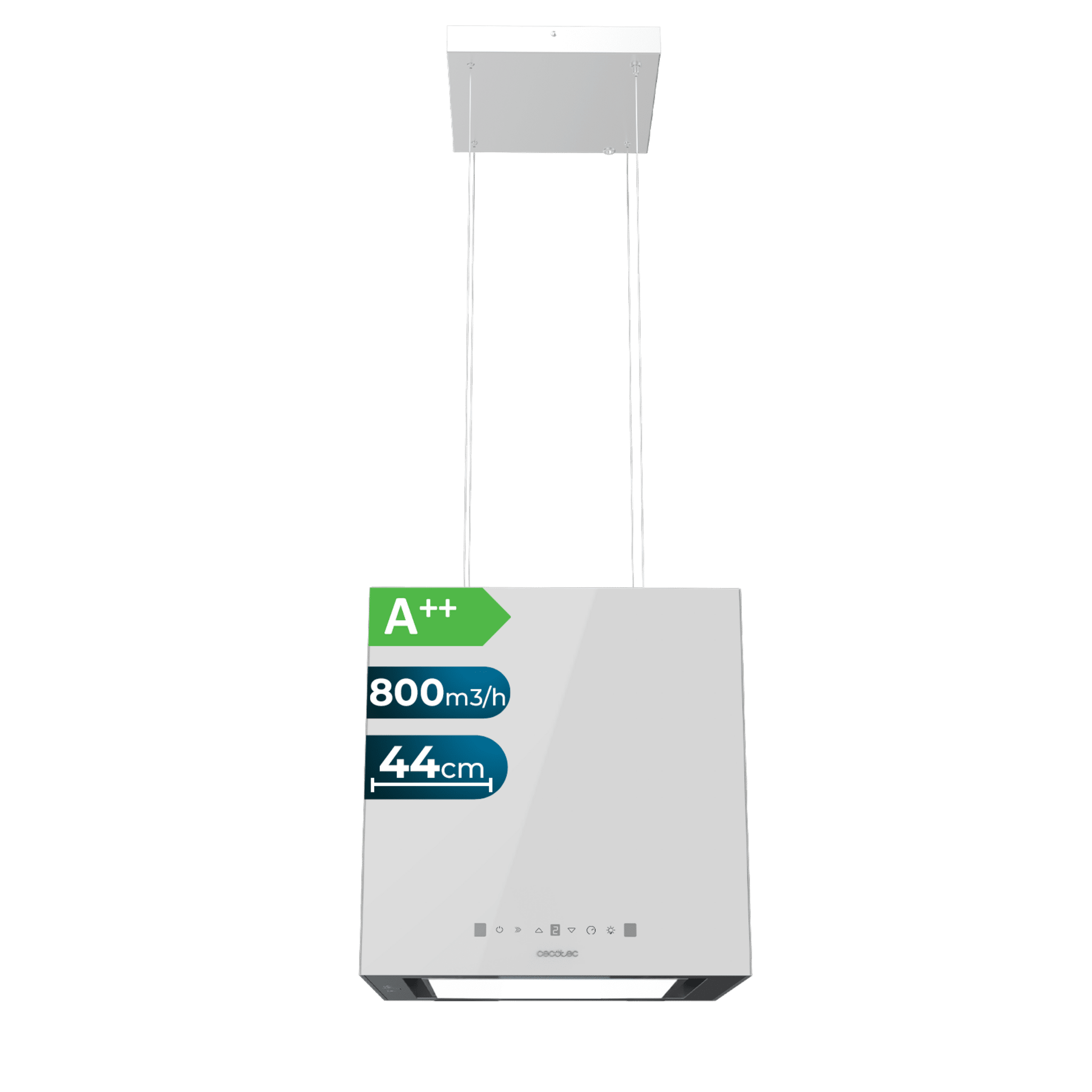 Bolero Flux CCT 448000 Glass White A++ Bolero Flux CCT 448000 Glass White A++ quadratische Hängehaube, 44 cm breit, weiße Glasoberfläche, Saugleistung 800 m3/h, 210-W-Motor, Klasse A++, Touch-Steuerung, 3 Leistungsstufen, Booster, Licht, Filterkohle, Handbewegungskontrolle und Verzögerungsfunktion.