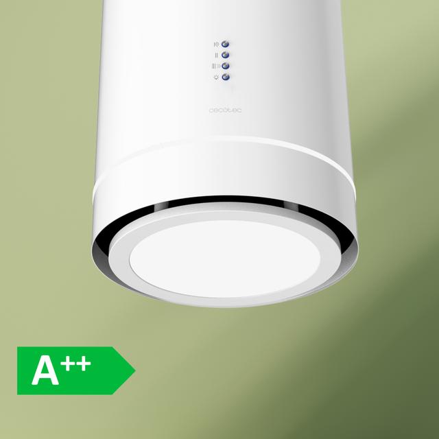 Bolero Flux CRE 448000 White A++ Campana colgante redonda Bolero Flux CRE 448000 White A++ de 38cm de diametro, acabado en blanco, succión 712m3/h, Motor 210W, Clase A++, control electrónico, 3 niveles de potencia, luz, filtro de carbono y Booster Function.