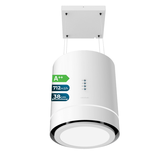 Bolero Flux CRE 448000 White A++ Campana colgante redonda Bolero Flux CRE 448000 White A++ de 38cm de diametro, acabado en blanco, succión 712m3/h, Motor 210W, Clase A++, control electrónico, 3 niveles de potencia, luz, filtro de carbono y Booster Function.