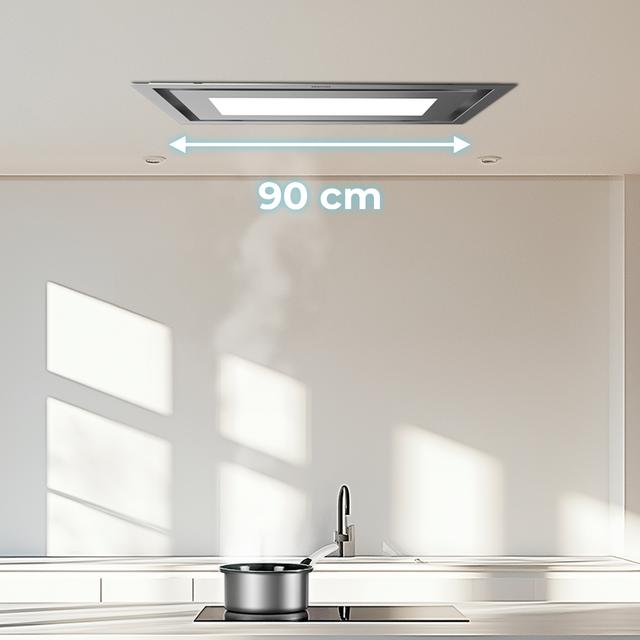 Bolero Flux TIR 908000 Inox A++ Campana integrable de techo de 90cm de ancho, acabado inox, succión 800m3/h, Motor 210W, Clase A++, remote control, 3 niveles de potencia, Booster, luz y filtro de carbono.