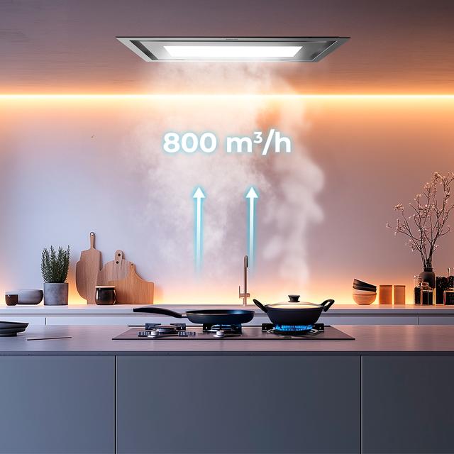 Bolero Flux TIR 908000 Inox A++ Campana integrable de techo de 90cm de ancho, acabado inox, succión 800m3/h, Motor 210W, Clase A++, remote control, 3 niveles de potencia, Booster, luz y filtro de carbono.
