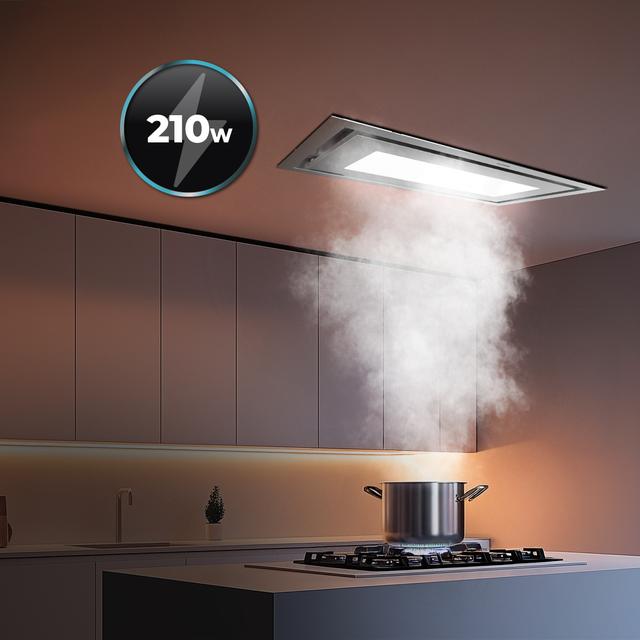Bolero Flux TIR 908000 Inox A++ Campana integrable de techo de 90cm de ancho, acabado inox, succión 800m3/h, Motor 210W, Clase A++, remote control, 3 niveles de potencia, Booster, luz y filtro de carbono.