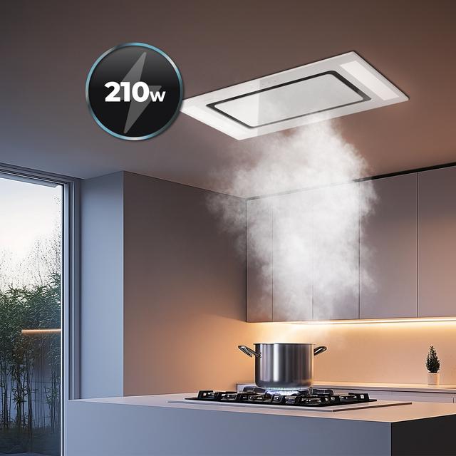 Bolero Flux TIR 908000 Glass White A++ Campana integrable de techo de 90cm de ancho, acabado vidrio blanco, succión 800m3/h, Motor 210W, Clase A++, remote control, 3 niveles de potencia, Booster, Delay Function, Luz Led y Filtros de carbono.