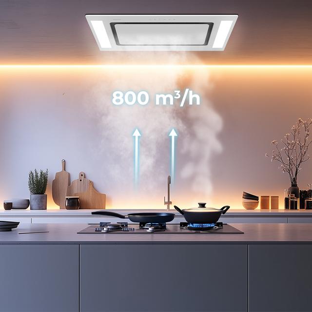 Bolero Flux TIR 908000 Glass White A++ Campana integrable de techo de 90cm de ancho, acabado vidrio blanco, succión 800m3/h, Motor 210W, Clase A++, remote control, 3 niveles de potencia, Booster, Delay Function, Luz Led y Filtros de carbono.