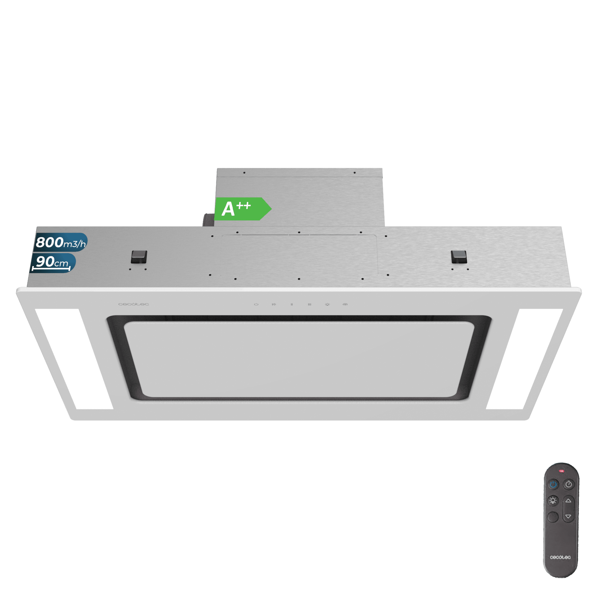 Bolero Flux TIR 908000 Glass White A++ Cappa a incasso da soffitto Bolero Flux TIR 908000 Glass White A++ larga 90 cm, finitura in vetro bianco, potenza di aspirazione di 800 m3/h, motore da 210 W, classe A++, Remote Control, e livelli di potenza, Booster, Delay Function, Luce Led e filtri a carbone attivo.