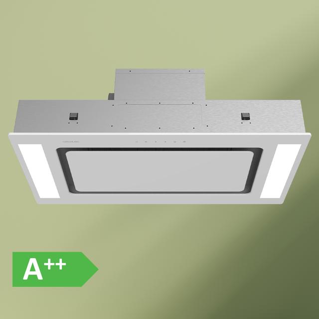 Bolero Flux TIR 908000 Glass White A++ Campana integrable de techo de 90cm de ancho, acabado vidrio blanco, succión 800m3/h, Motor 210W, Clase A++, remote control, 3 niveles de potencia, Booster, Delay Function, Luz Led y Filtros de carbono.