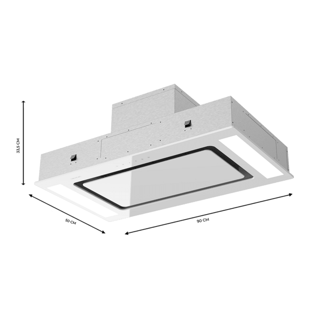 Bolero Flux TIR 908000 Glass White A++ Campana integrable de techo de 90cm de ancho, acabado vidrio blanco, succión 800m3/h, Motor 210W, Clase A++, remote control, 3 niveles de potencia, Booster, Delay Function, Luz Led y Filtros de carbono.
