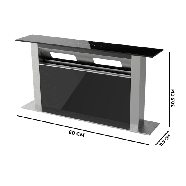 Bolero Flux ET 608000 Glass Black A++, Campana Extractora de encimera de 60cm, Cristal Negro y Acero Inoxidable, Succión 800m3/h, Motor 210W, Clase A++, Control Slider Touch, 8 Velocidades, Luz LED Ajustable, Delay Function, Filtros de Carbono y Aluminio.