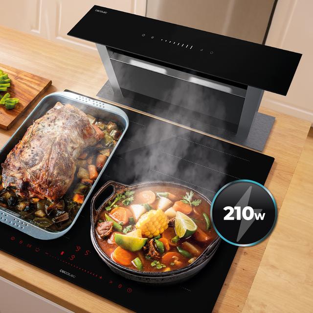 Bolero Flux ET 608000 Glass Black A++, Campana Extractora de encimera de 60cm, Cristal Negro y Acero Inoxidable, Succión 800m3/h, Motor 210W, Clase A++, Control Slider Touch, 8 Velocidades, Luz LED Ajustable, Delay Function, Filtros de Carbono y Aluminio.