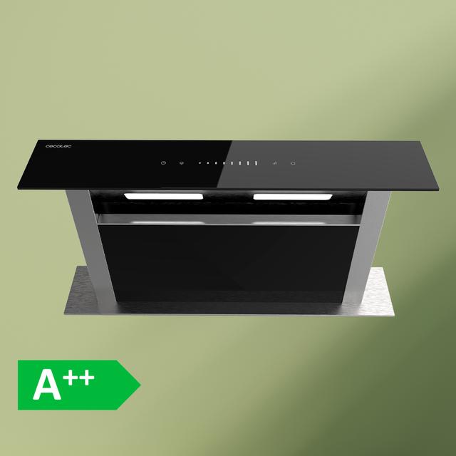 Bolero Flux ET 608000 Glass Black A++, Campana Extractora de encimera de 60cm, Cristal Negro y Acero Inoxidable, Succión 800m3/h, Motor 210W, Clase A++, Control Slider Touch, 8 Velocidades, Luz LED Ajustable, Delay Function, Filtros de Carbono y Aluminio.