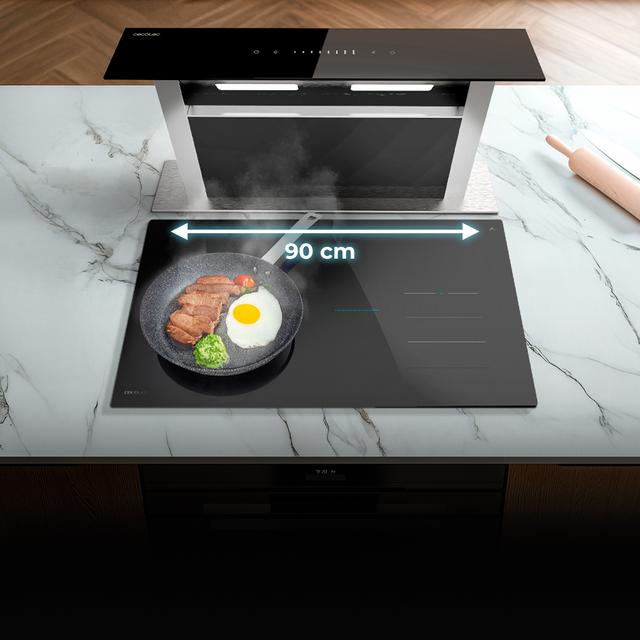Bolero Flux ET 608000 Glass Black A++, Campana Extractora de encimera de 60cm, Cristal Negro y Acero Inoxidable, Succión 800m3/h, Motor 210W, Clase A++, Control Slider Touch, 8 Velocidades, Luz LED Ajustable, Delay Function, Filtros de Carbono y Aluminio.