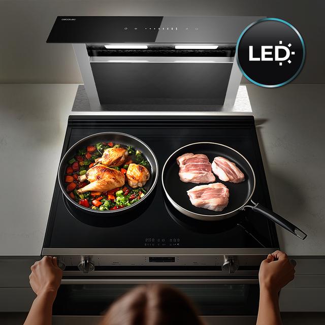 Bolero Flux ET 608000 Glass Black A++, Campana Extractora de encimera de 60cm, Cristal Negro y Acero Inoxidable, Succión 800m3/h, Motor 210W, Clase A++, Control Slider Touch, 8 Velocidades, Luz LED Ajustable, Delay Function, Filtros de Carbono y Aluminio.