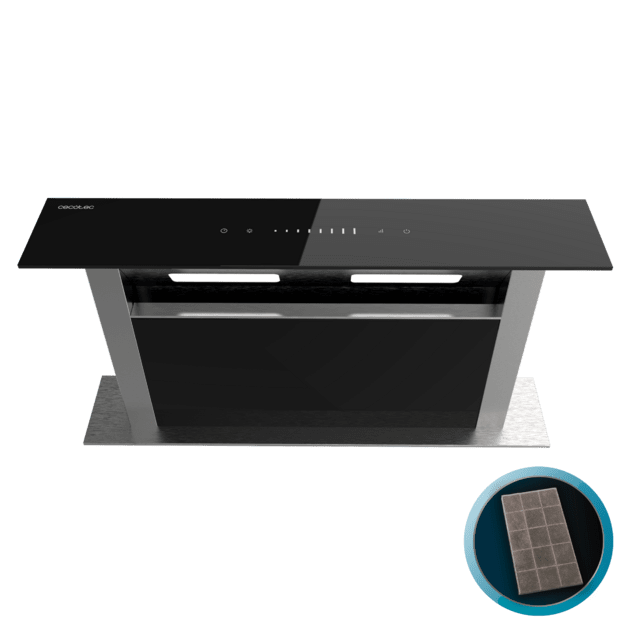 Bolero Flux ET 608000 Glass Black A++, Campana Extractora de encimera de 60cm, Cristal Negro y Acero Inoxidable, Succión 800m3/h, Motor 210W, Clase A++, Control Slider Touch, 8 Velocidades, Luz LED Ajustable, Delay Function, Filtros de Carbono y Aluminio.