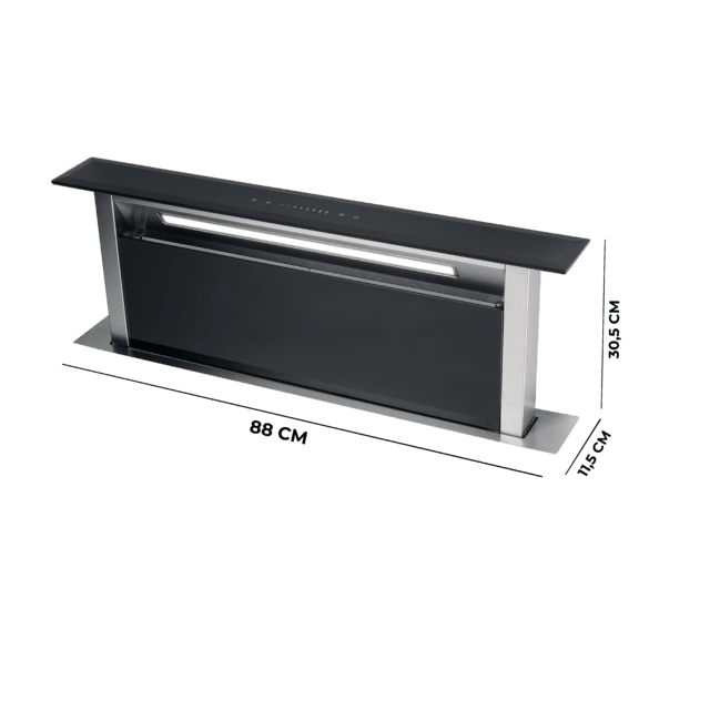 Bolero Flux ET 908000 Glass Black A++, Campana Extractora de Encimera de 90cm, Cristal Negro y Acero Inoxidable, Succión 800m3/h, Motor 210W, Clase A++, Control Slider Touch, 8 Velocidades, Luz LED Ajustable, Delay Function, Filtros de Carbono y Aluminio.