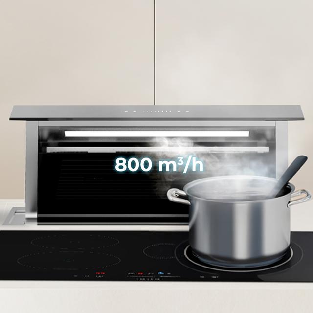 Bolero Flux ET 908000 Glass Black A++, Campana Extractora de Encimera de 90cm, Cristal Negro y Acero Inoxidable, Succión 800m3/h, Motor 210W, Clase A++, Control Slider Touch, 8 Velocidades, Luz LED Ajustable, Delay Function, Filtros de Carbono y Aluminio.