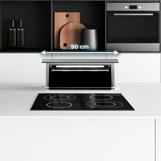 Bolero Flux ET 908000 Glass Black A++, Campana Extractora de Encimera de 90cm, Cristal Negro y Acero Inoxidable, Succión 800m3/h, Motor 210W, Clase A++, Control Slider Touch, 8 Velocidades, Luz LED Ajustable, Delay Function, Filtros de Carbono y Aluminio.