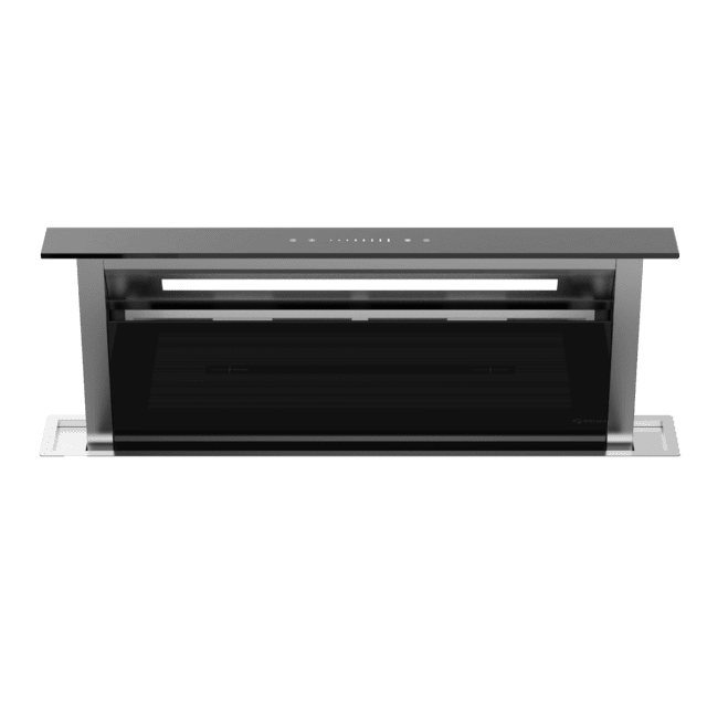 Bolero Flux ET 908000 Glass Black A++, Campana Extractora de Encimera de 90cm, Cristal Negro y Acero Inoxidable, Succión 800m3/h, Motor 210W, Clase A++, Control Slider Touch, 8 Velocidades, Luz LED Ajustable, Delay Function, Filtros de Carbono y Aluminio.