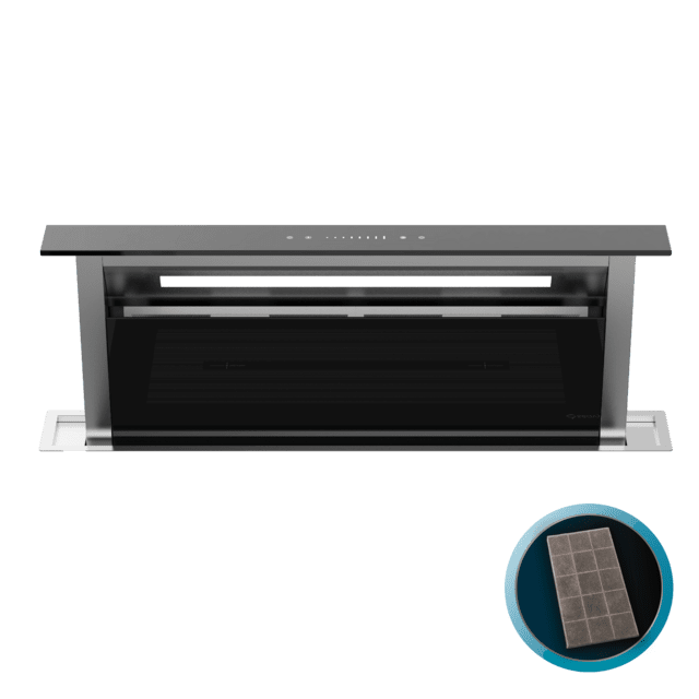 Bolero Flux ET 908000 Glass Black A++, Campana Extractora de Encimera de 90cm, Cristal Negro y Acero Inoxidable, Succión 800m3/h, Motor 210W, Clase A++, Control Slider Touch, 8 Velocidades, Luz LED Ajustable, Delay Function, Filtros de Carbono y Aluminio.