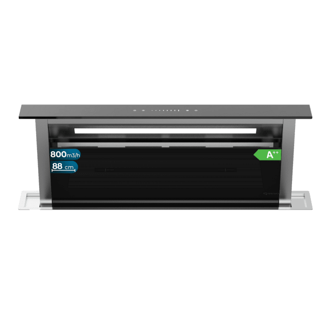Bolero Flux ET 908000 Glass Black A++, Campana Extractora de Encimera de 90cm, Cristal Negro y Acero Inoxidable, Succión 800m3/h, Motor 210W, Clase A++, Control Slider Touch, 8 Velocidades, Luz LED Ajustable, Delay Function, Filtros de Carbono y Aluminio.