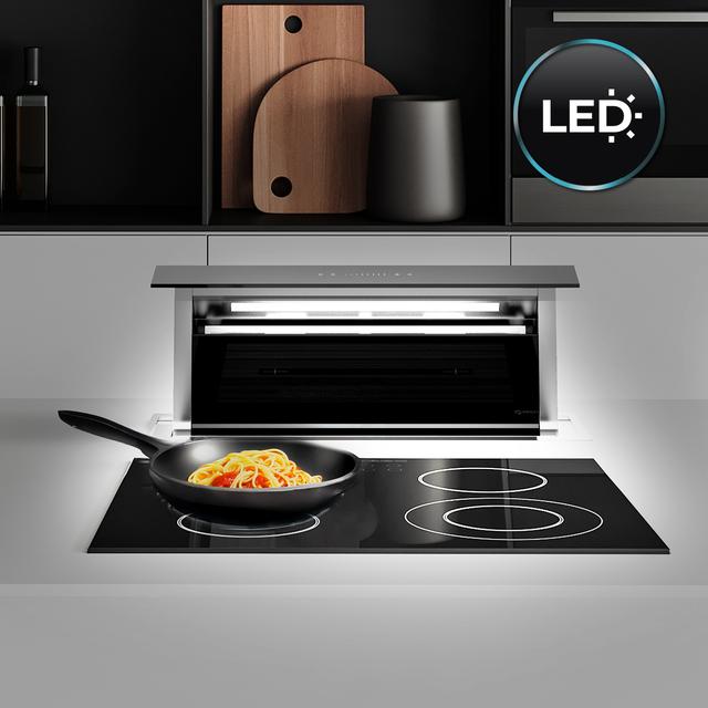 Bolero Flux ET 908000 Glass Black A++, Campana Extractora de Encimera de 90cm, Cristal Negro y Acero Inoxidable, Succión 800m3/h, Motor 210W, Clase A++, Control Slider Touch, 8 Velocidades, Luz LED Ajustable, Delay Function, Filtros de Carbono y Aluminio.