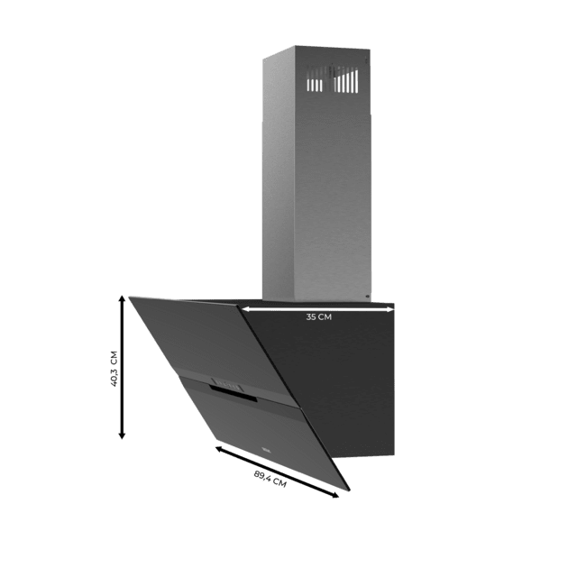 Bolero Flux DT 908010 Glass Black A++ Campana decorativa de 90cm de ancho, acabado frontal vidrio negro mate, chimenea inox, succión 800m3/h, Motor 210W, Clase A++, control táctil, 3 niveles de potencia, Booster, luz, filtro de carbono, Apertura automática y Hand Movement Control.