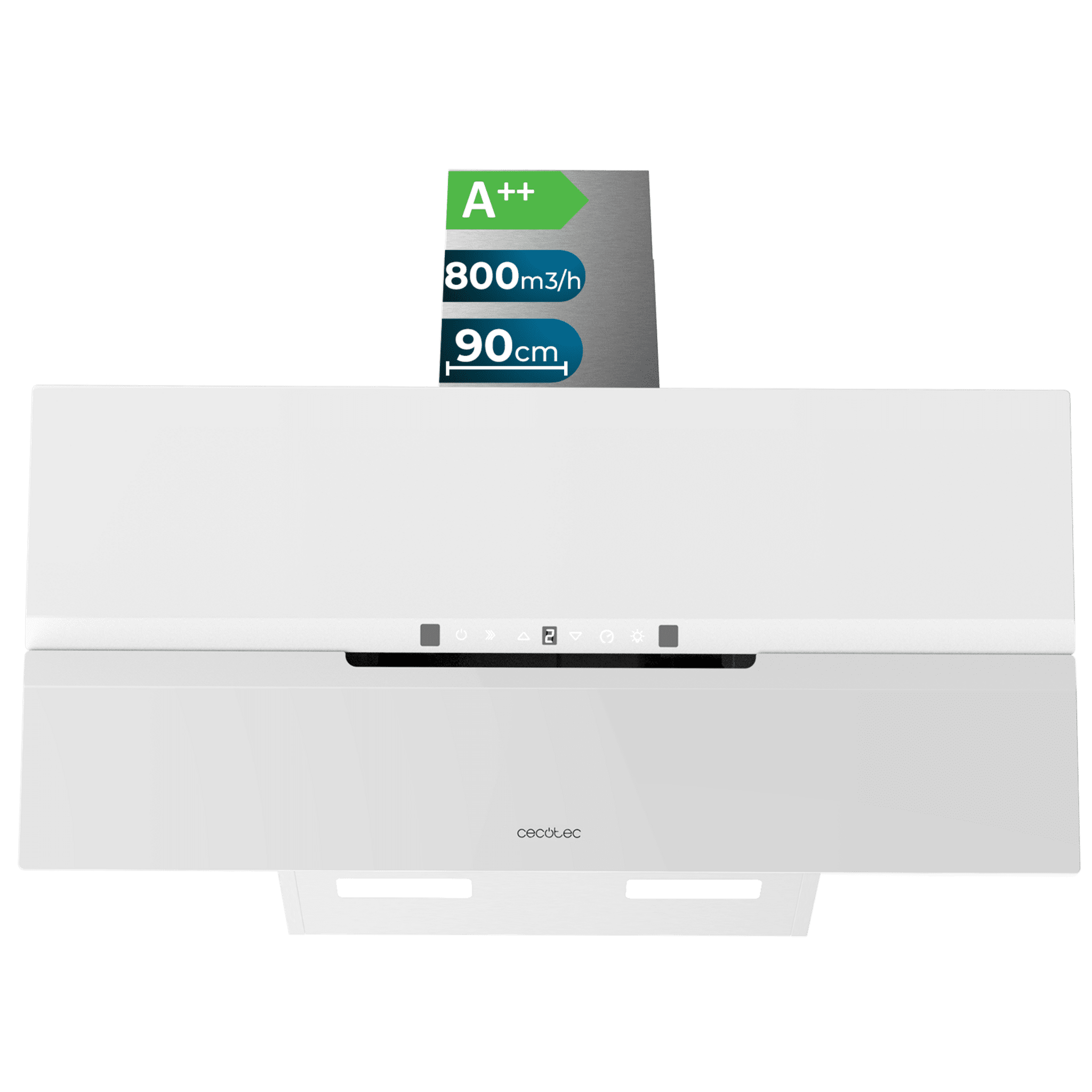 Bolero Flux DT 908010 Glass White A++ Campana decorativa de 90cm de ancho, acabado frontal vidrio blanco mate, chimenea inox, succión 800m3/h, Motor 210W, Clase A++, control táctil, 3 niveles de potencia, Booster, luz, filtro de carbono, Apertura automática y Hand Movement Control.
