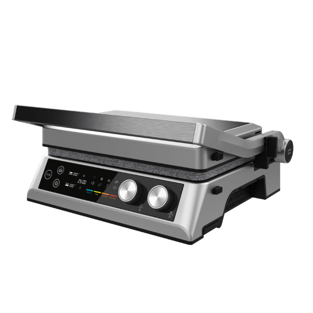 Rockn'Grill Bistro 2400 W Elektrogrill mit Smokeless-Technologie, Zeit- und Temperatureinstellung je nach gewähltem Kochmodus und Kochpunkt, abnehmbare Kochplatten mit RockStone-Beschichtung, spülmaschinenfest und 180º-Öffnung.