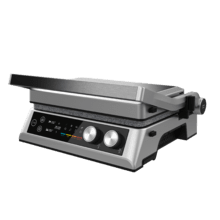 Rockn'Grill Bistro Grelha elétrica de 2400 W com sistema Smokeless que ajusta o tempo e temperatura em função de modo e o ponto de cozedura selecionados, placas amovíveis com revestimento RockStone aptas para máquina da louça e abertura 180º.