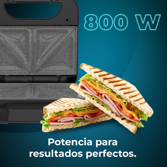 Rock'nToast Combo Sandwich Maker mit 2 Sandwiches mit Edelstahloberflächen, 800 W Leistung und 3 austauschbaren Platten mit Antihaftbeschichtung.