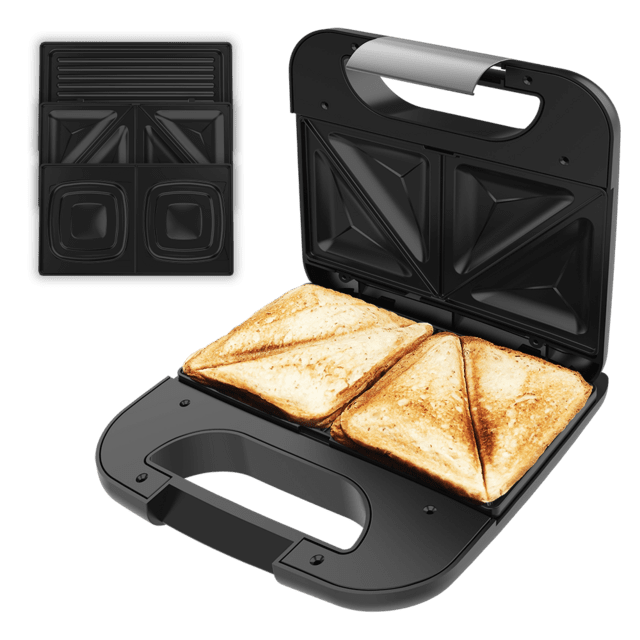 Rock'nToast Combo Sandwich Maker mit 2 Sandwiches mit Edelstahloberflächen, 800 W Leistung und 3 austauschbaren Platten mit Antihaftbeschichtung.