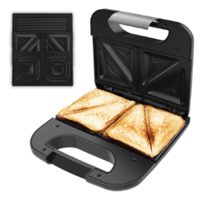 Rock’nToast Combo Sandwichera de 2 sándwiches con acabados en acero inoxidable, 800 W de potencia y 3 placas intercambiables con revestimiento antiadherente.