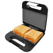 Rock'nToast Grill + Sandwichera de 2 sándwiches con acabados en acero inoxidable, 800 W de potencia y placas grill con revestimiento antiadherente.