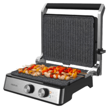 Rock'nGrill Blaze Parrilla eléctrica de 2400 W que ajusta el tiempo y temperatura, posee placas con revestimiento RockStone y apertura de 180º.