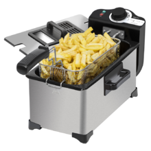 Friteuse CleanFry 3L avec une capacité de 3 litres, température jusqu'à 190 °C, cuve émaillée qui convient pour un nettoyage au lave-vaisselle, filtre pour garder l'huile propre et 2000 W.