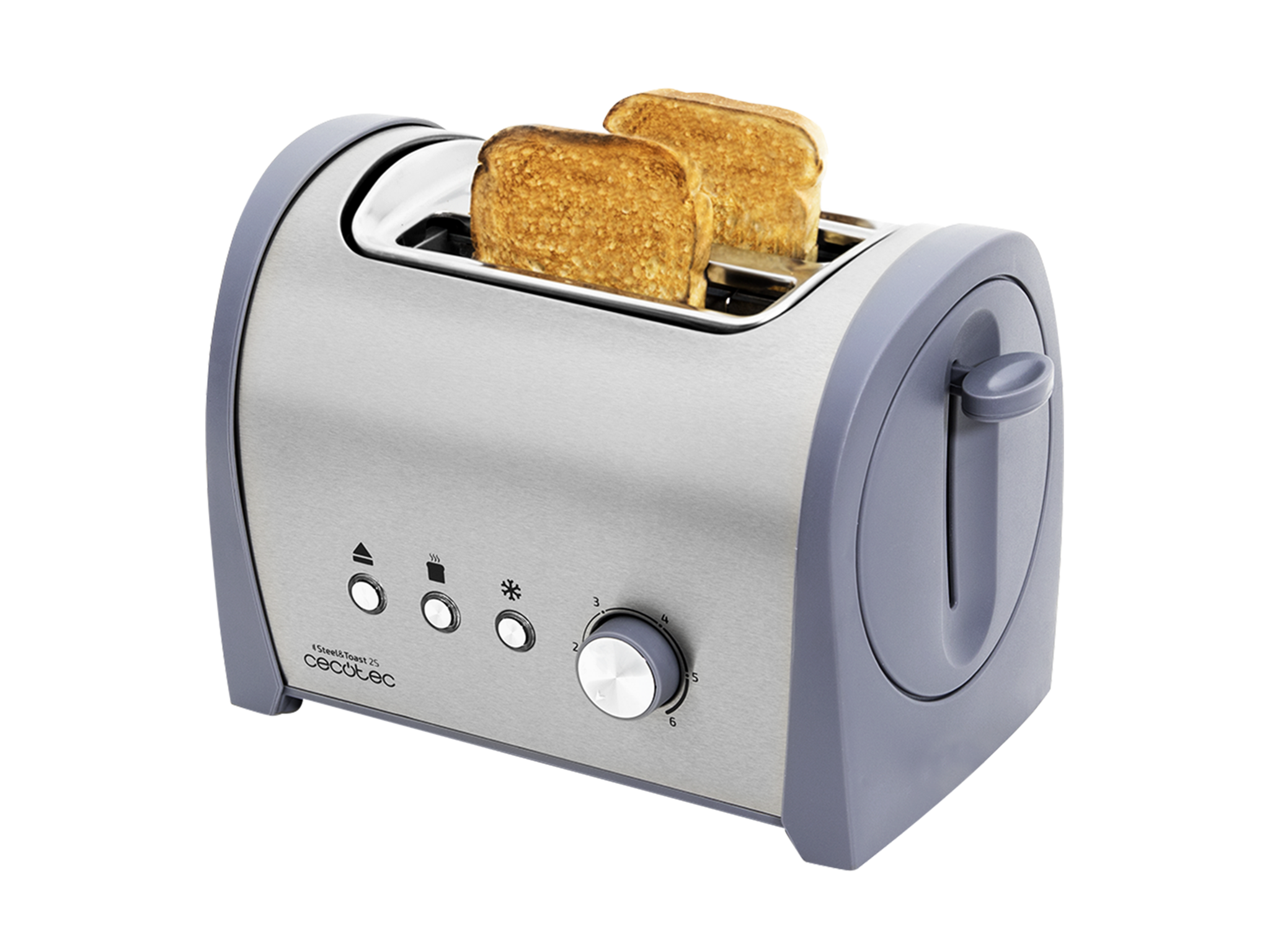 Grille-pain en acier Steel&Toast 2S. 6 niveaux de puissance, capacité pour 2 toasts, 3 fonctions (Griller, Réchauffer, Décongeler), support pour petits pains et plateau ramasse-miettes inclus, 800 W