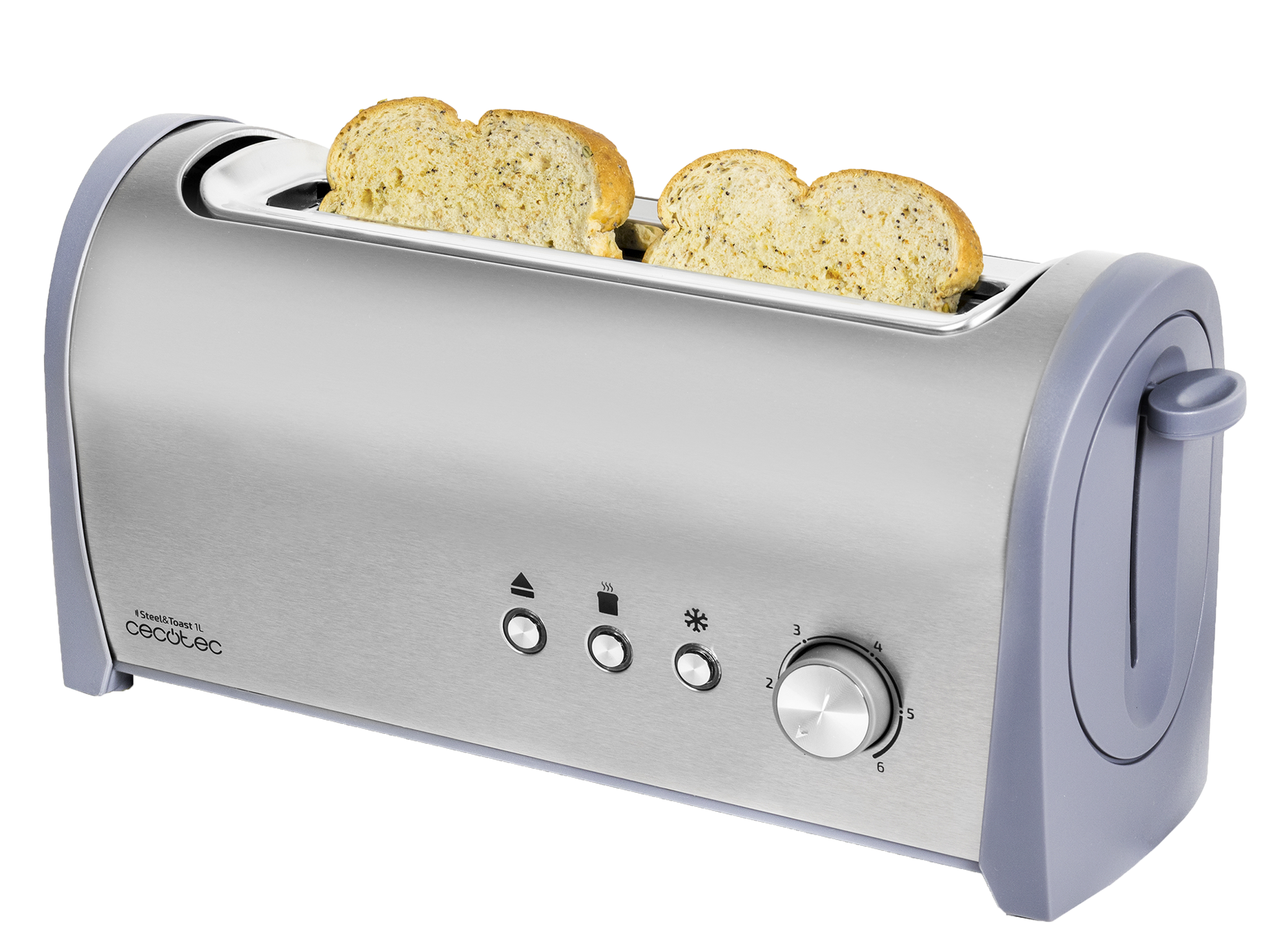 Steel&Toast 1L Stahl Toaster 6 Leistungsstufen, 2 Toastkapazitäten, 3 Funktionen (Toasten, Aufwärmen, Auftauen), inkl. Brötchenhalter, mit Krümelfach, 1000 Watt