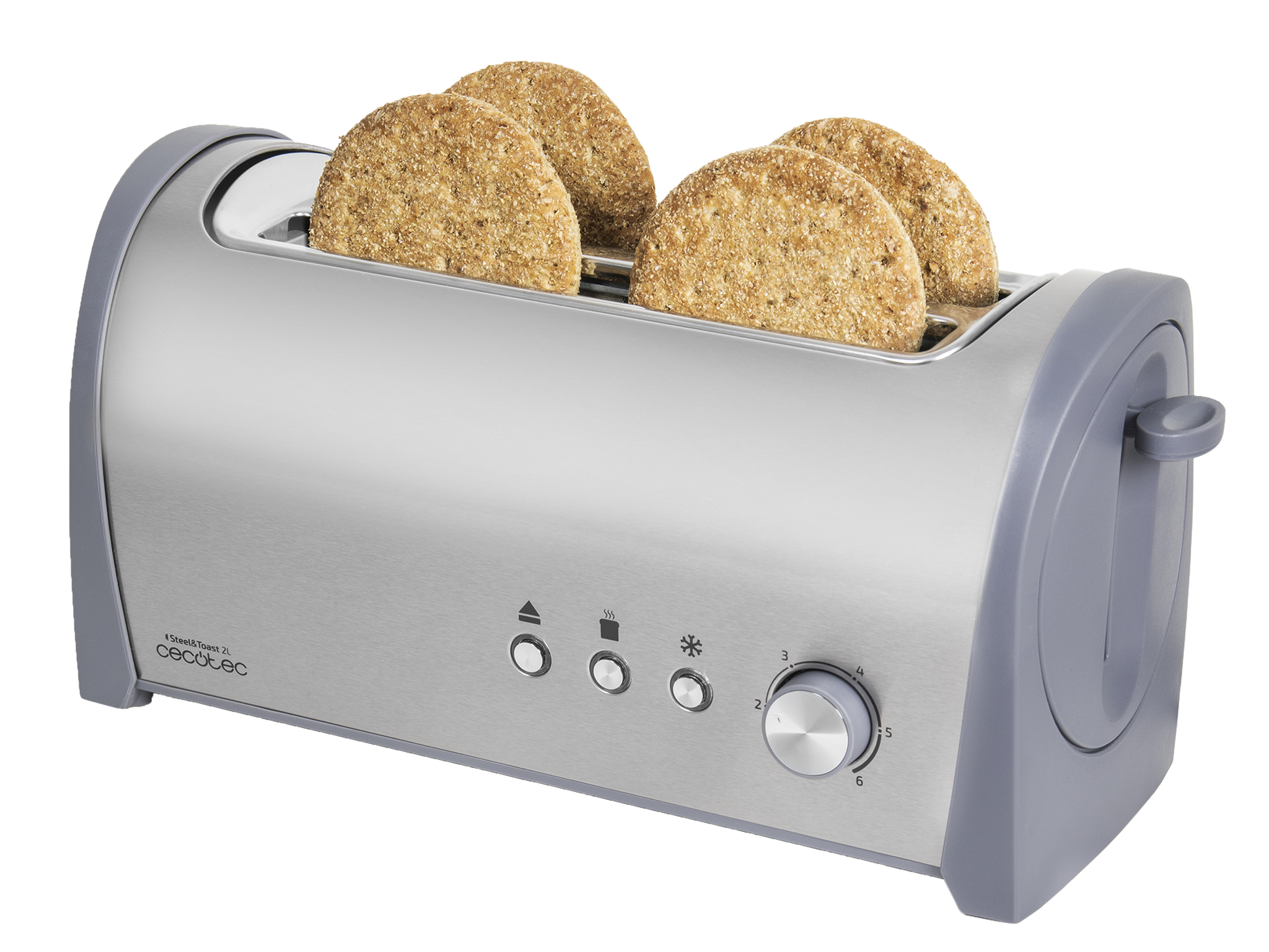 Tostapane in Acciaio Steel&Toast 2 l. 6 livelli di potenza, capienza per 4 toast, 3 funzioni (tostare, riscaldare, scongelare), include supporto per prodotti da forno, cassettino raccoglibriciole, 1400 W