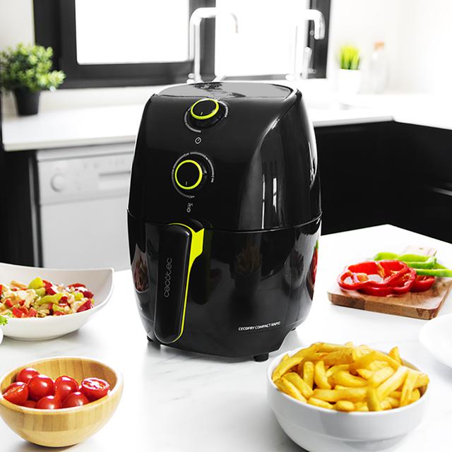 Cecofry Compact Rapid Black. Fritadeira de ar quente sem óleo 1,5L com 900 W, dietética, capacidade 400 gr, temperatura 200 ºC, tempo ajustável, inclui livro de receitas