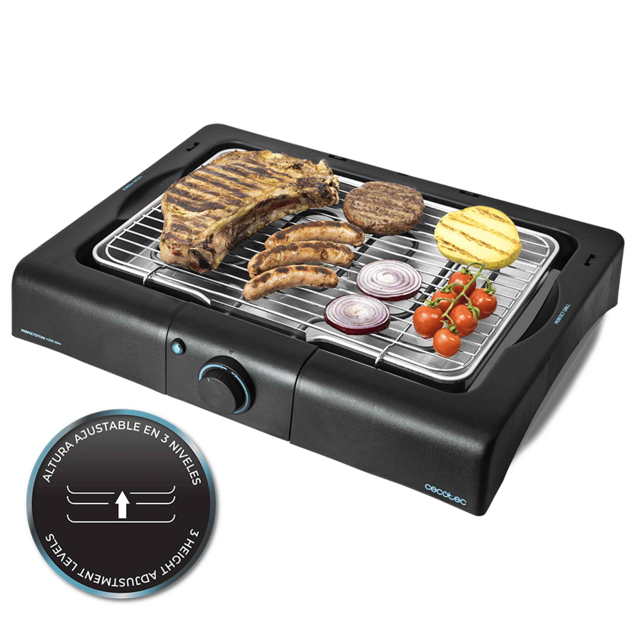 Barbecue elettrico da tavolo PerfectSteak 4200 Way con 2400 W, griglia in acciaio inox e altezza regolabile su 3 livelli.