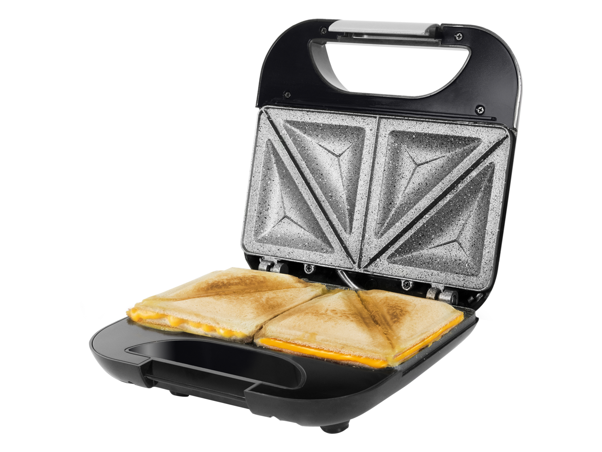 Gril électrique Rock´n Toast Fifty-Fifty. Revêtement antiadhésif RockStone, capacité pour 2 sandwichs, surface triangles, poignée toucher froid, ramasse-câbles et 750 W