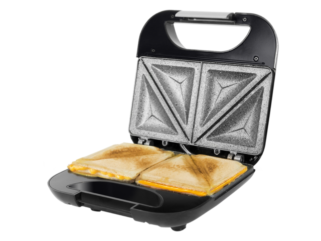 Griglia Elettrica Rock'n Toast Fifty-Fifty. Rivestimento antiaderente RockStone, capacità per 2 sandwich, superficie a triangoli, manico freddo al tatto, raccoglicavo, 750 W.