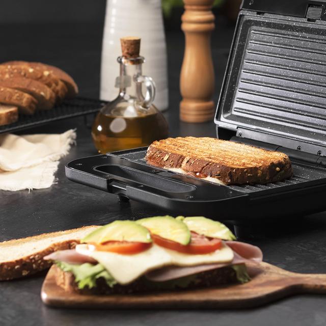 Rock´nToast Sandwichera 3 en 1. 800 W, 2 Sándwiches, Acabado en Acero Inoxidable, 3 Placas intercambiables con Revestimiento Rockstone