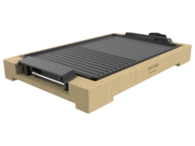 Plancha électrique Tasty&Grill 2000 Bamboo Black. 2000 W de puissance, finition en acier inoxydable, thermostat réglable, surface gril et revêtement RockStone. Convient pour un nettoyage au lave-vaisselle.