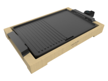 Plancha électrique Tasty&Grill 2000 Bamboo Black. 2000 W de puissance, finition en acier inoxydable, thermostat réglable, surface gril et revêtement RockStone. Convient pour un nettoyage au lave-vaisselle.