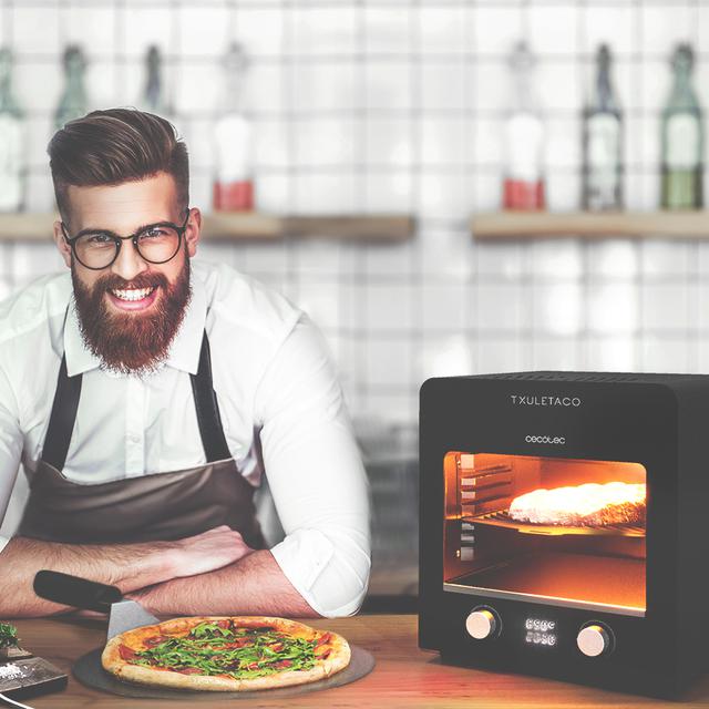 Txuletaco 8000 Inferno Drehspießofen, 2200 W, gusseiserner Grill, Stein und Pizzablech, 2 Fettauffangschalen, Temperatur bis zu 850º, digitales Kochthermometer im Lieferumfang enthalten.