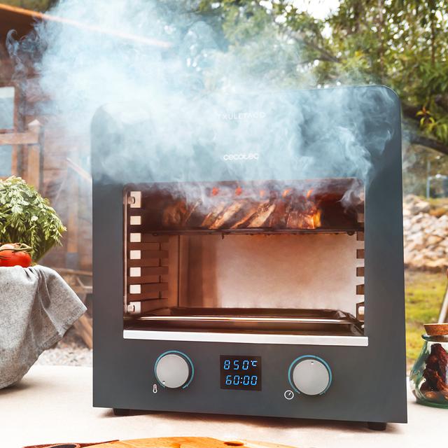 Txuletaco 8000 Inferno. Horno para asado, 2200W,Parrilla de Hierro Fundido, Piedra y Bandeja para Pizzas,2 bandejas recogegrasas, Temperatura hasta 850º, termómetro Digital de Cocina Incluido