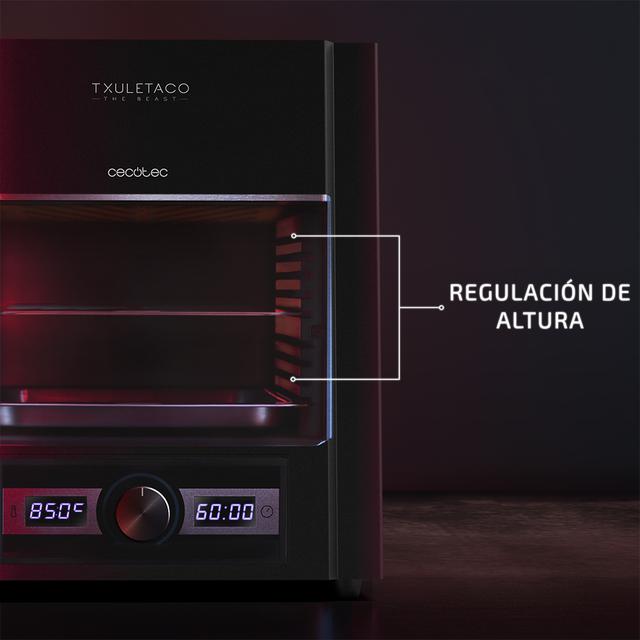 Txuletaco The Beast 6850, Horno para asado, hasta 850°C, con 2000W de Potencia, con Parrilla de Acero Inoxidable, Bandeja recogegrasas y Sistema de Temperatura y Tiempo Regulables, Black